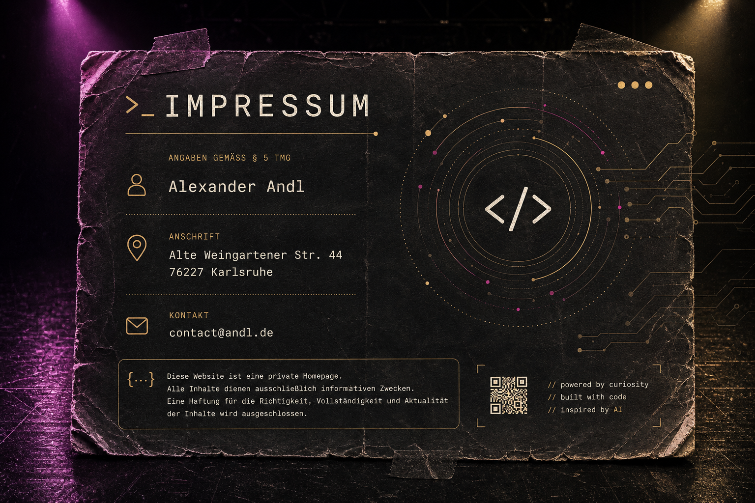 Impressum von Alexander Andl im Stil einer beschädigten Konzert-Setlist